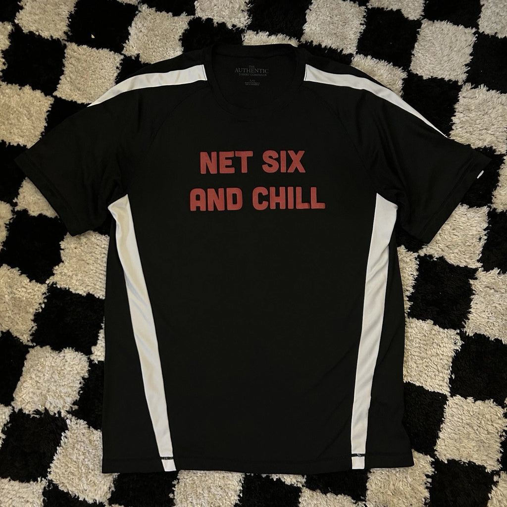 Net Six and Chill - Soccer Jersey Funny Team T-Shirt Black Joke Tee Men’s Large