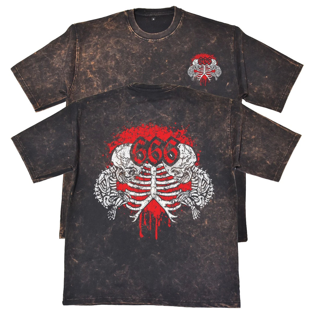 666 Unisex Mens Rust 240gsm French Terry Acid Wash T-Shirt Goth Metal Gift
