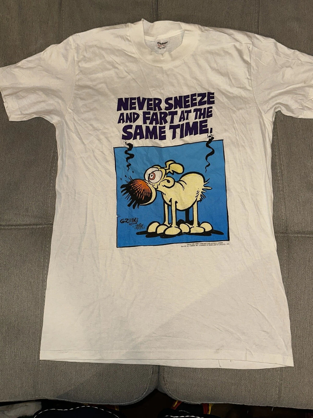 Vintage 1991 Grimmy Never Sneeze and Fart At The Same Time T-Shirt Medium