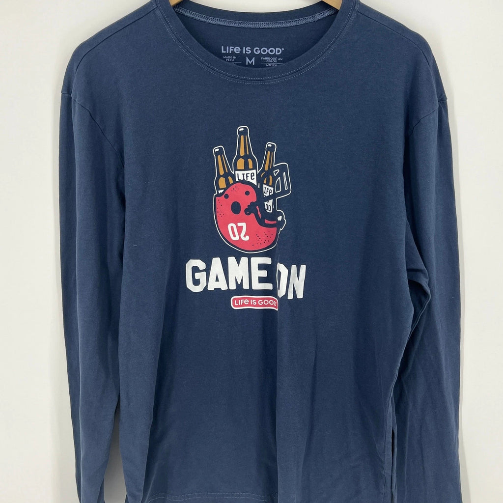 Life is Good Game On Long Sleeve Blue T Shirt Football Size M