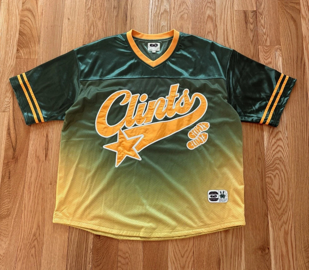 Clints Step Correct Y2K Shiny Green Yellow Gradient Football Jersey Shirt Large