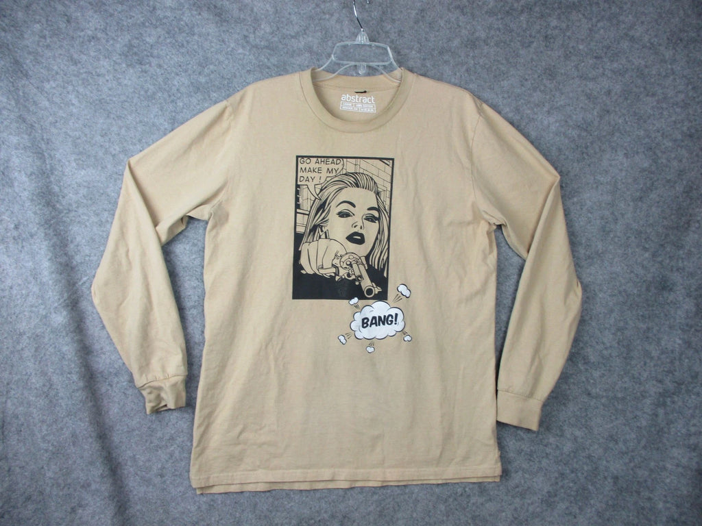 Abstract Shirt Mens Large Beige Long Sleeve Graphic Comic Pop Art Bang Tee