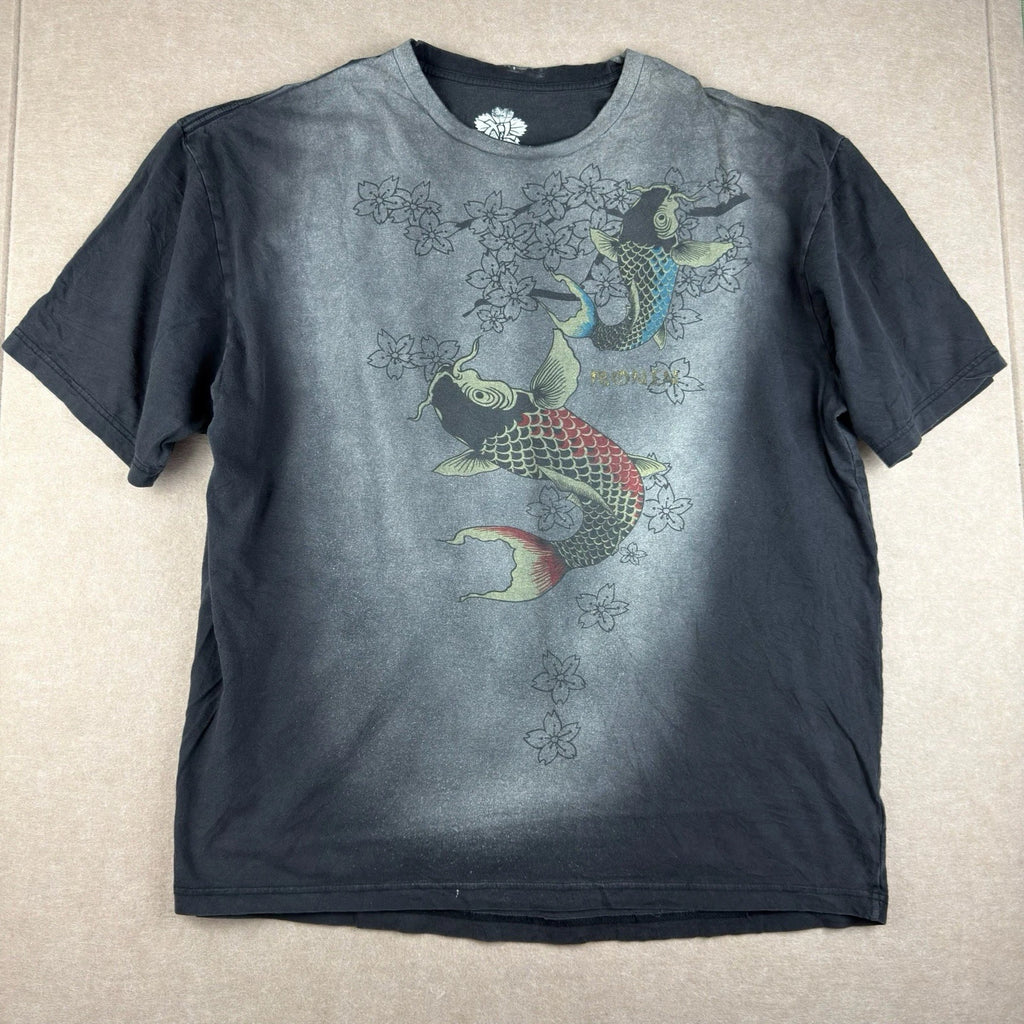 Ronin T-Shirt Men’s XL Black Koi Fish Cherry Blossom Graphic Double Sided