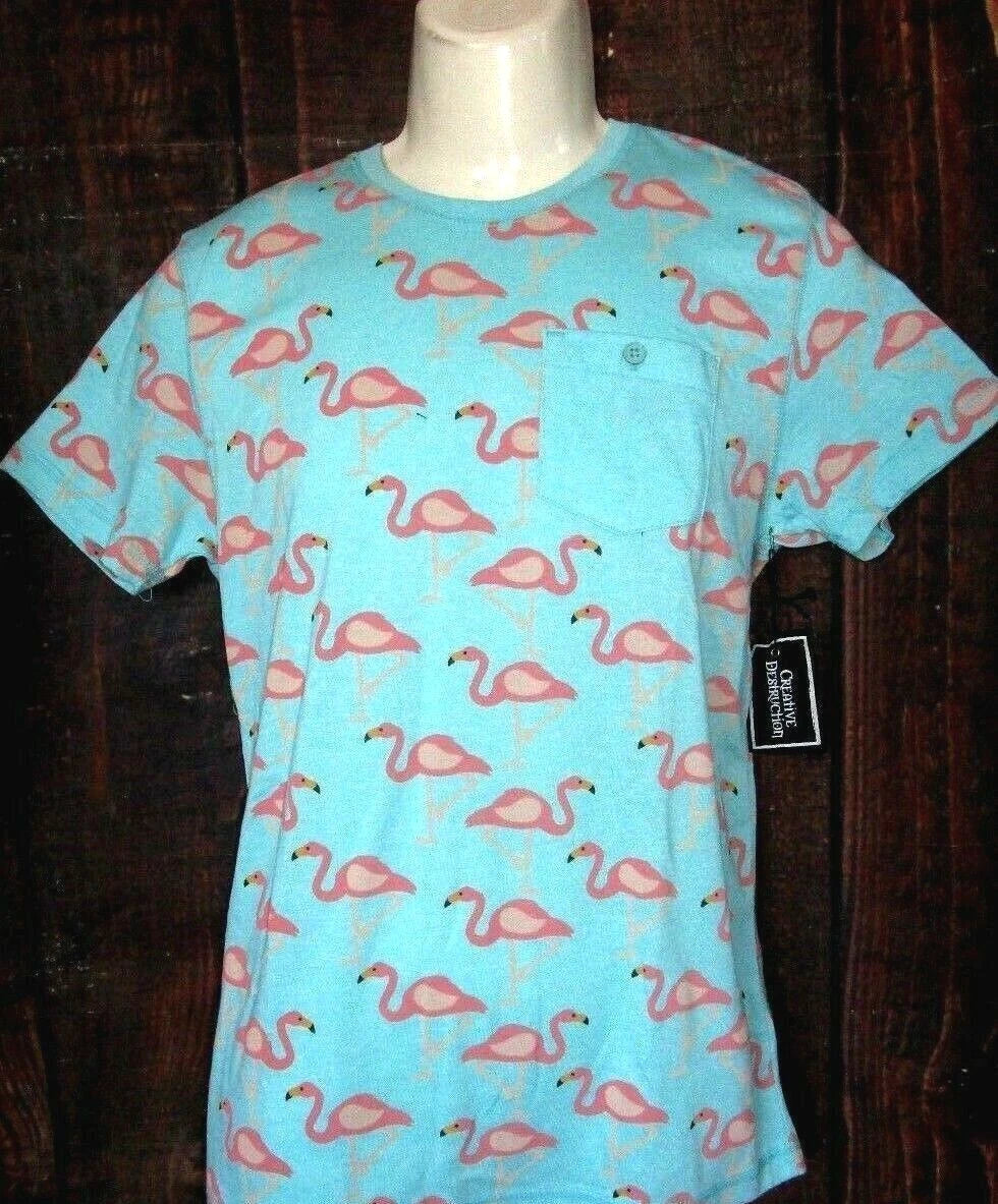 MENS CREATIVE DESTRUCTION FLAMINGO AQUA T-SHIRT SIZE M