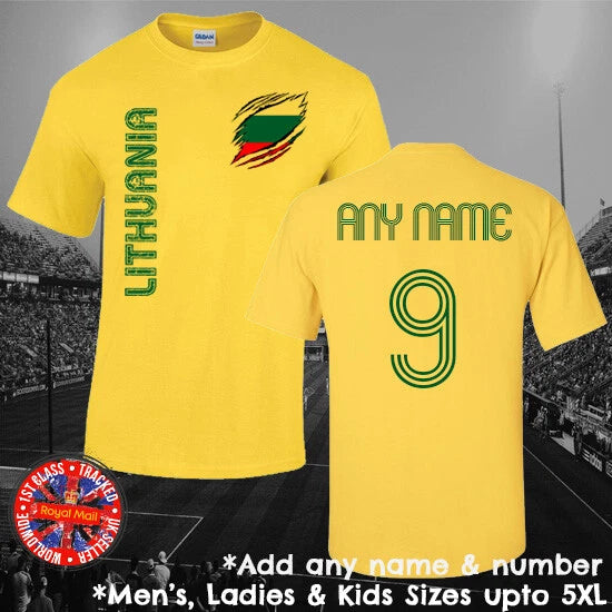 Lithuania Football Fan T-shirt Personalised Mens Ladies Kids Euros World Cup