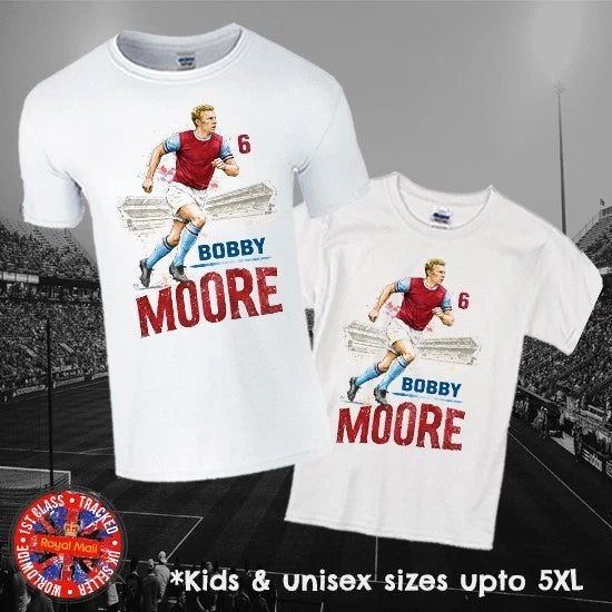 Bobby Moore T-shirt in Men, Ladies & Kids Sizes