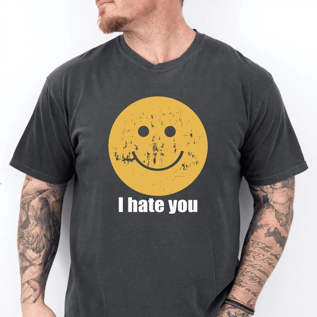 HOT! I Hate You Smiley Face Shirt Sarcastic Funny Graphic Tee Retro Wash Black
