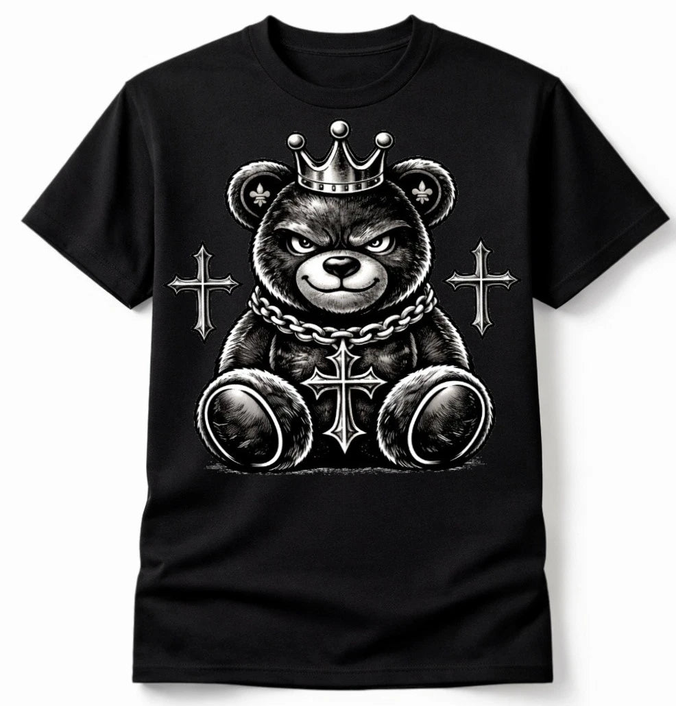 Faith Bear Shirt Crown Cross Graphic Tee Streetwear Oversized Vintage Style