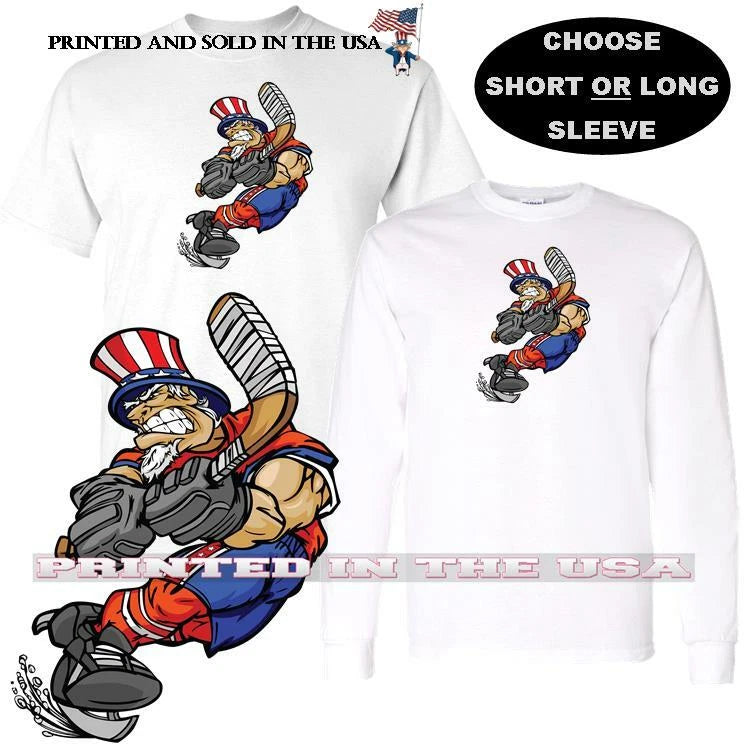 Uncle Sam Patriotic Ice Hockey Sport Team Mascot Player Cartoon Custom T Shirt