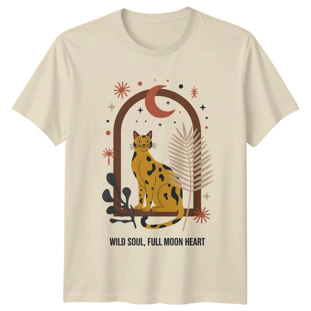 Wild Soul Full Moon Heart T-Shirt Boho Cat Animal Birthday Gift For Him And Her