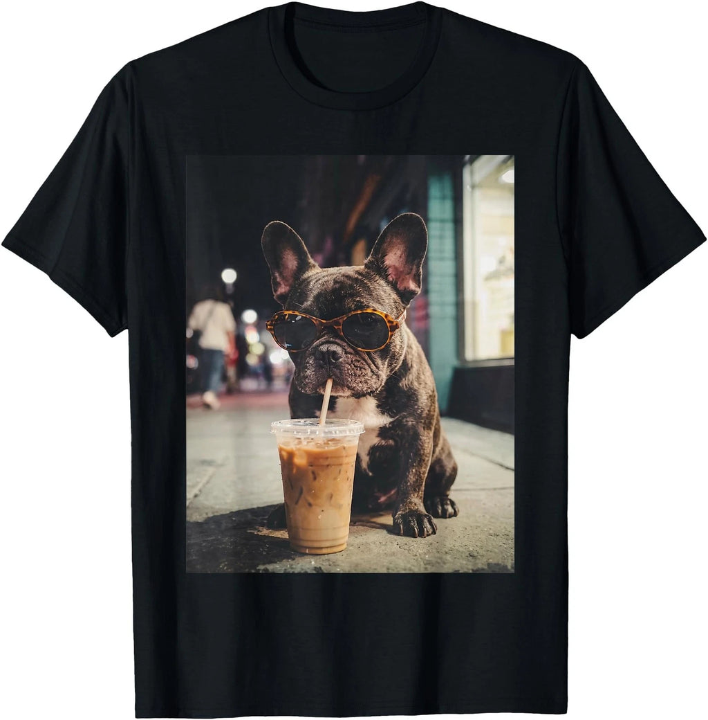 French Bulldog Drinking Iced Coffee Funny Animal T-Shirt