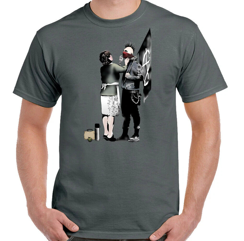 Banksy T-Shirt Mens Punk Street Art Graffiti Skinhead Top Rock Music Anarchy