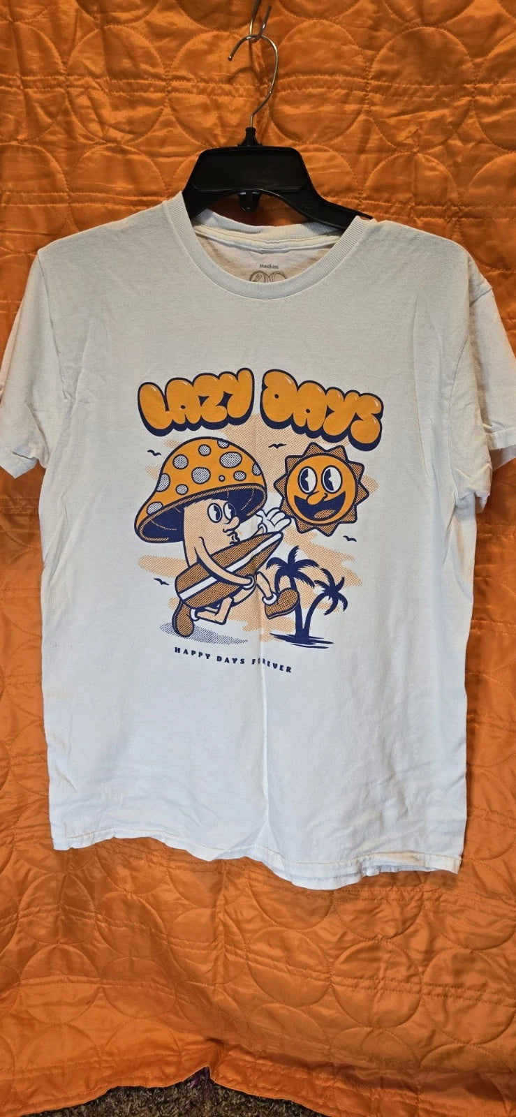 12oz Soda Mens T-Shirt Medium 'Lazy Days' Mushroom Sun Beach Surf White