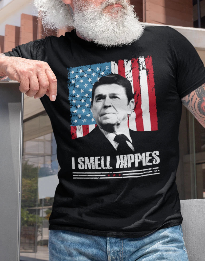 Mens I Smell Hippies T-Shirt Ronald Reagan USA President Funny Political T shirt