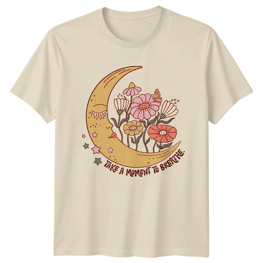 Boho Moon Flowers Take A Moment To Breathe Nature Graphic T-Shirt