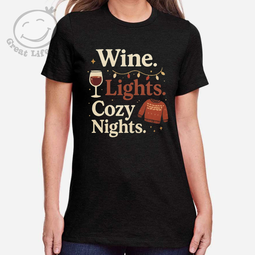 Wine. Lights. Cozy nights, Christmas T-Shirt
