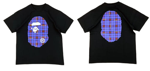 A Bathing Ape Logo Check Big Ape Head Graphic Tee Black Blue  T-S shirt