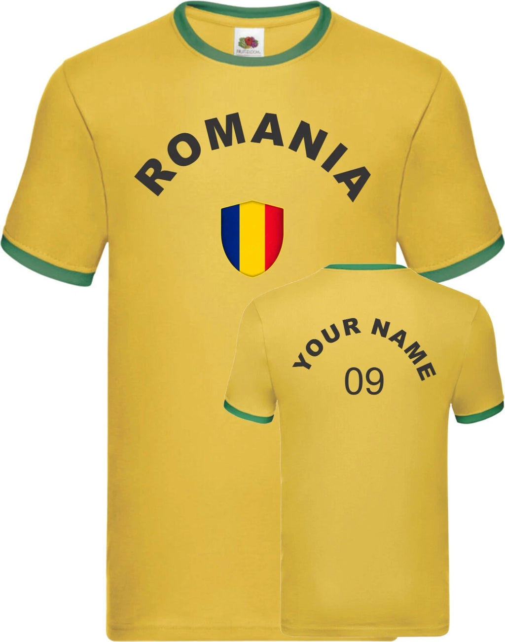 Personalised Romania Football Ringer T-Shirt Soccer Fan's Sports Flag Badge Top