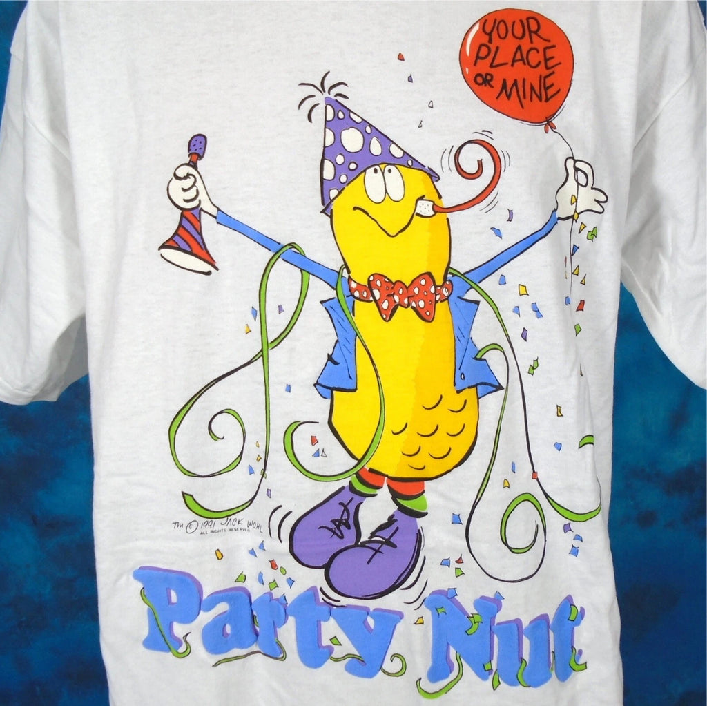 vintage 1991 PARTY NUT CARTOON T-Shirt LARGE/XL dad joke jack wohl 80s 90s
