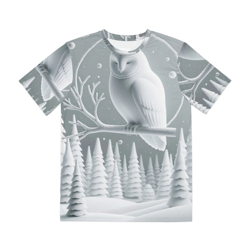 All Over Print T Shirt Minimalist Owl in Snowy Pine Forest