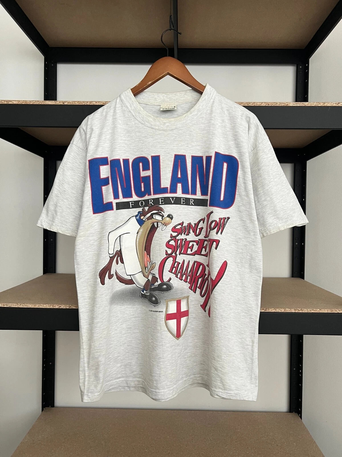 Vintage 1995 Taz England Fan Soocer Football Warner Bros Cartoon Gray T-shirt