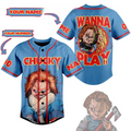Scary Chucky Wanna Play Custom Blue Baseball Jersey