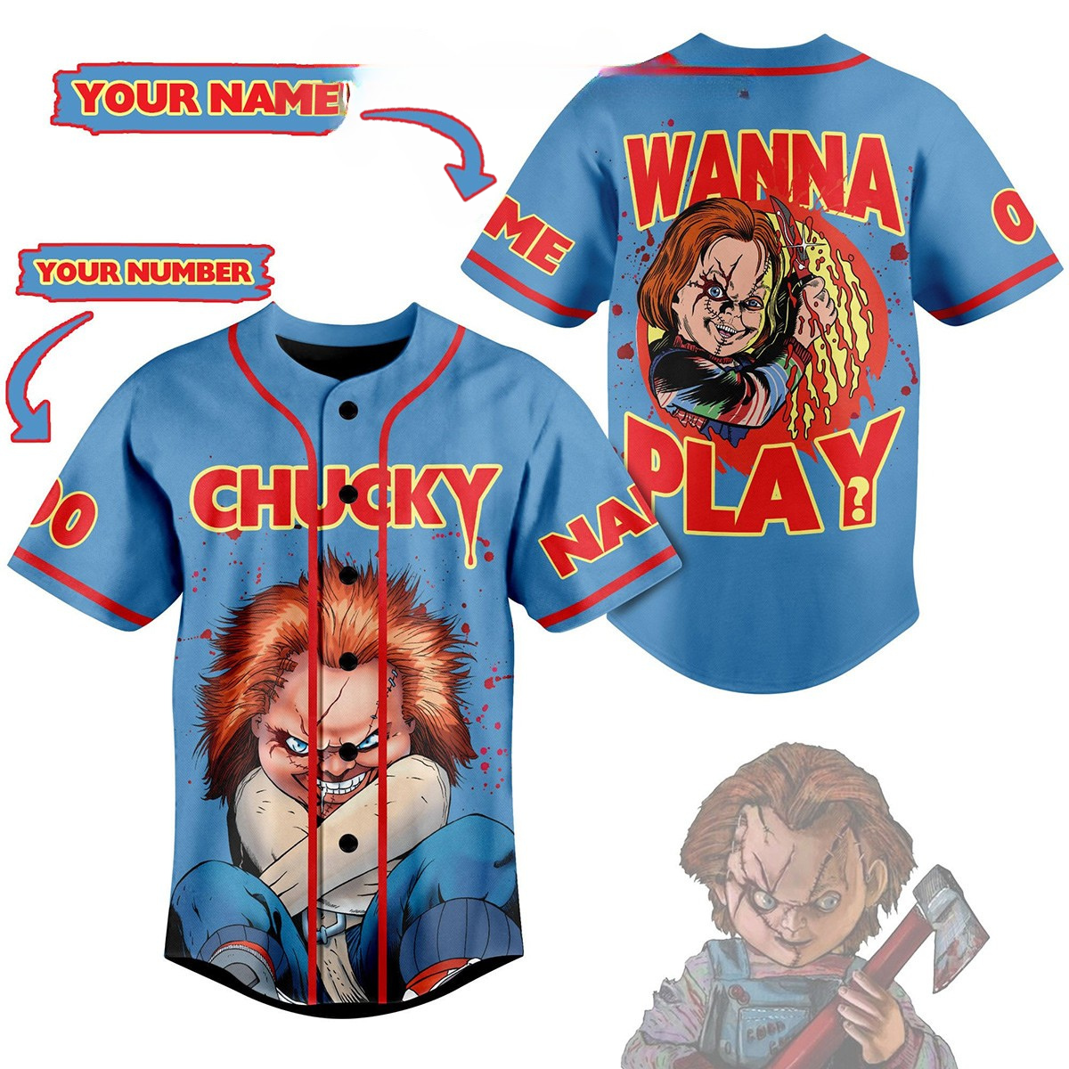 Scary Chucky Wanna Play Custom Blue Baseball Jersey