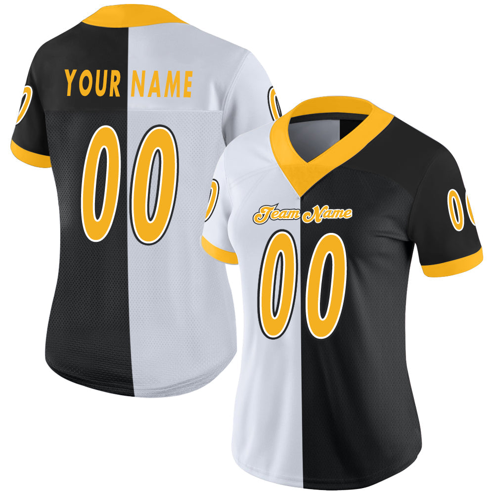 Custom Black Gold-White Split Fashion Football Jersey
