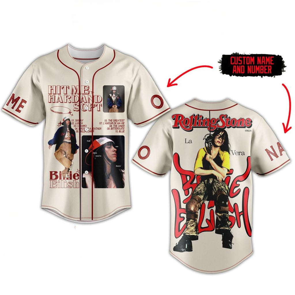 Unique Rolling Stone La Billie Eilish Beige Baseball Jersey