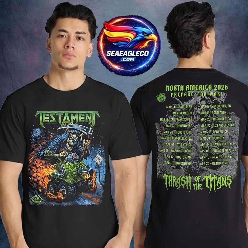 Testament Thrash Of The Titans North America Tour 2026 Pop Up Merch Prepare For War Two Sided Shirt