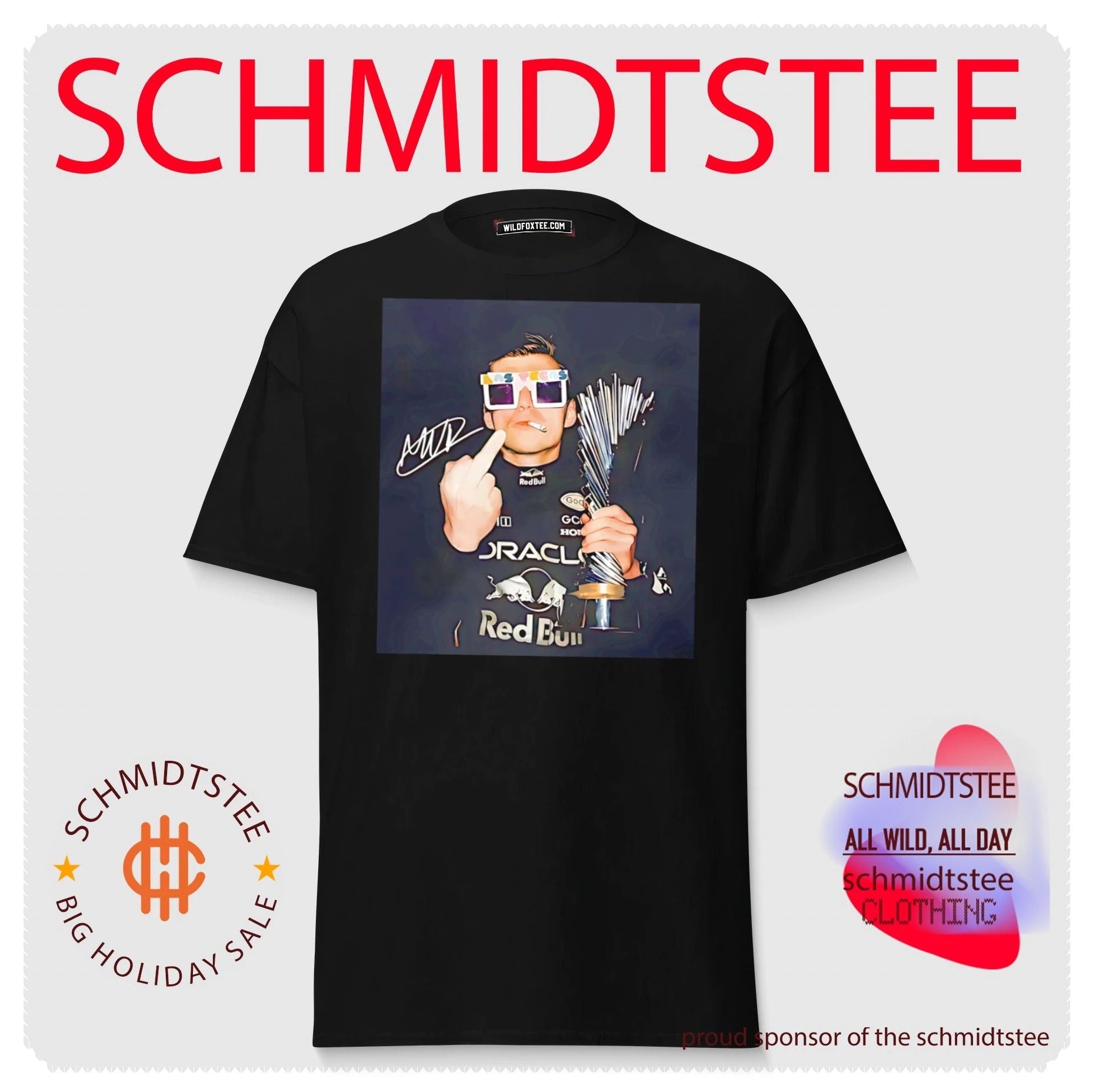 Max Verstappen wearing glasses middle finger shirt