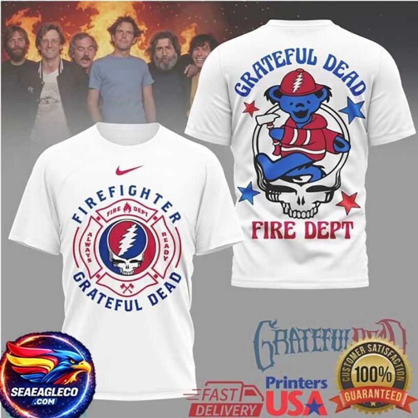 Grateful Dead Firefighter Dancing Bear Fire Dept White Two Sided Shirt
