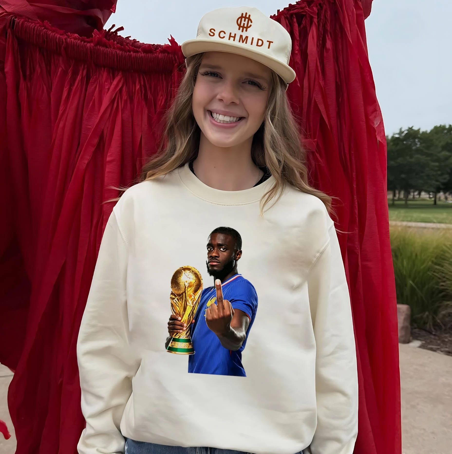 Dayot Upamecano France National Football Team World Cup trophy and middle finger shirt