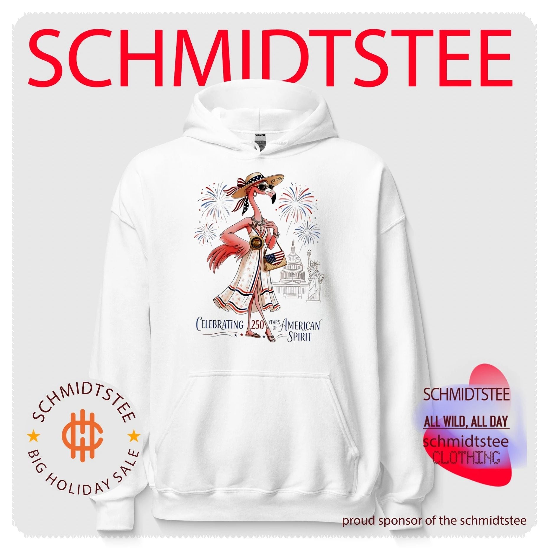 Cartoon flamingo celebrating 250 years of American Spirit shirt