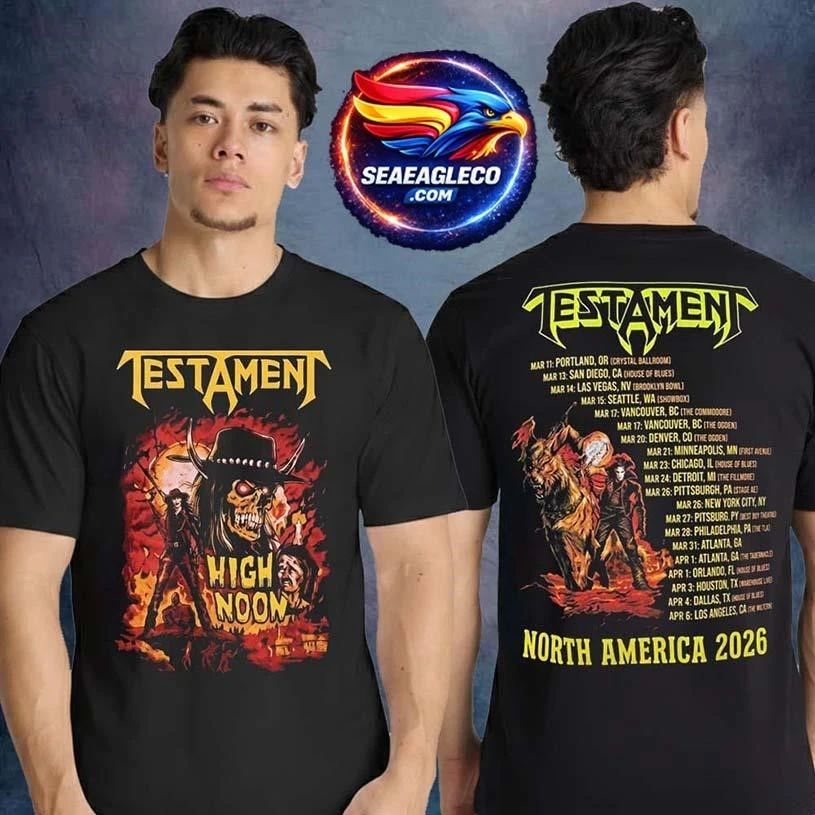 Testament Thrash Of The Titans North America Tour 2026 Pop Up Merch High Noon Havoc Tour Dates Two Sided Shirt