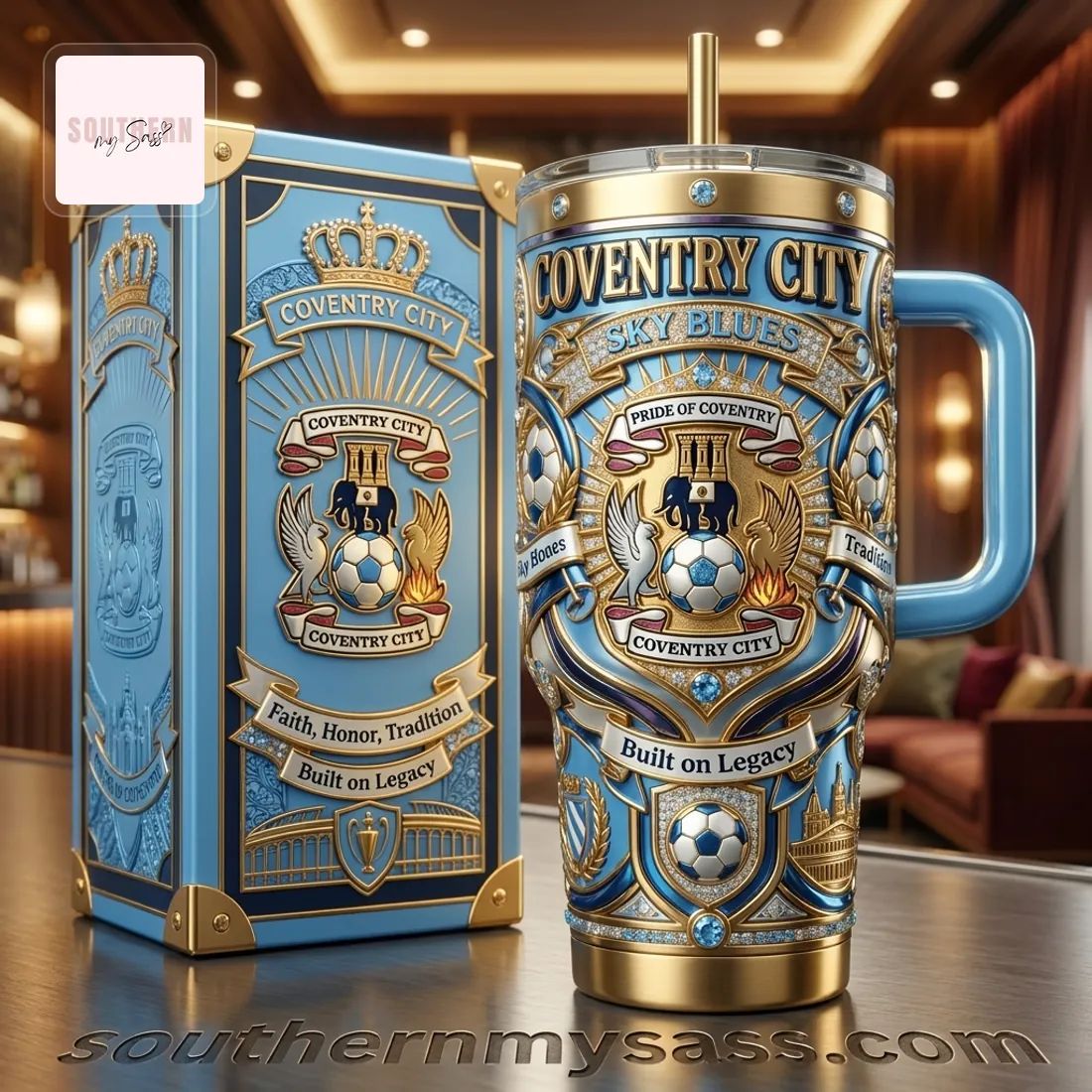 Coventry City Sky Blues 40oz Luxury Gold & Blue Insulated Tumbler With Handle