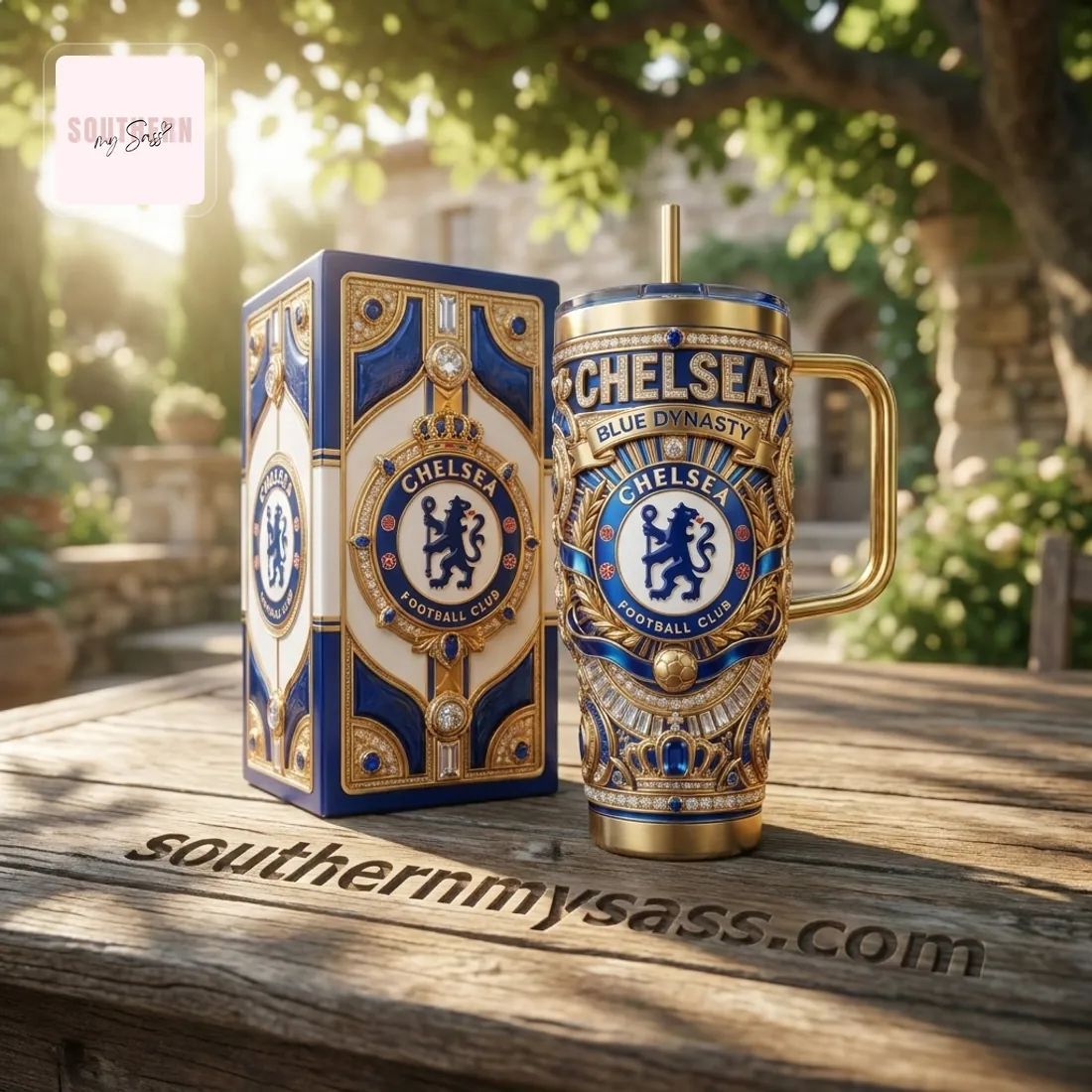 Chelsea Football Club Luxury Gold Diamond 40oz Insulated Tumbler With Handle