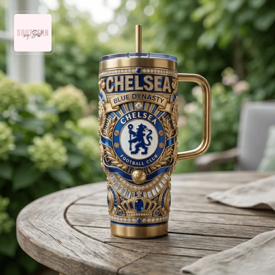 Chelsea Football Club Luxury Gold Diamond 40oz Insulated Tumbler With Handle