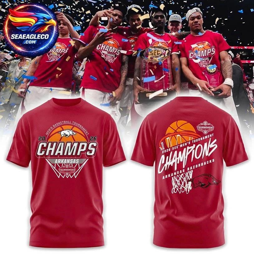 Arkansas Razorbacks Men’s Basketball 2026 SEC Tournament Champions Locker Room Two Sided Shirt