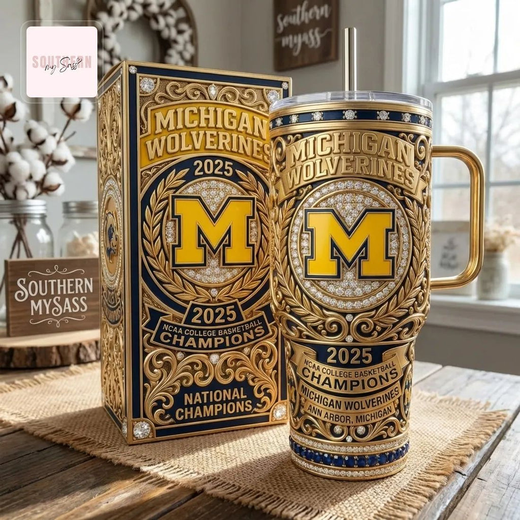 Michigan Wolverines 2025 NCAA College Basketball Champions Gold Tumbler