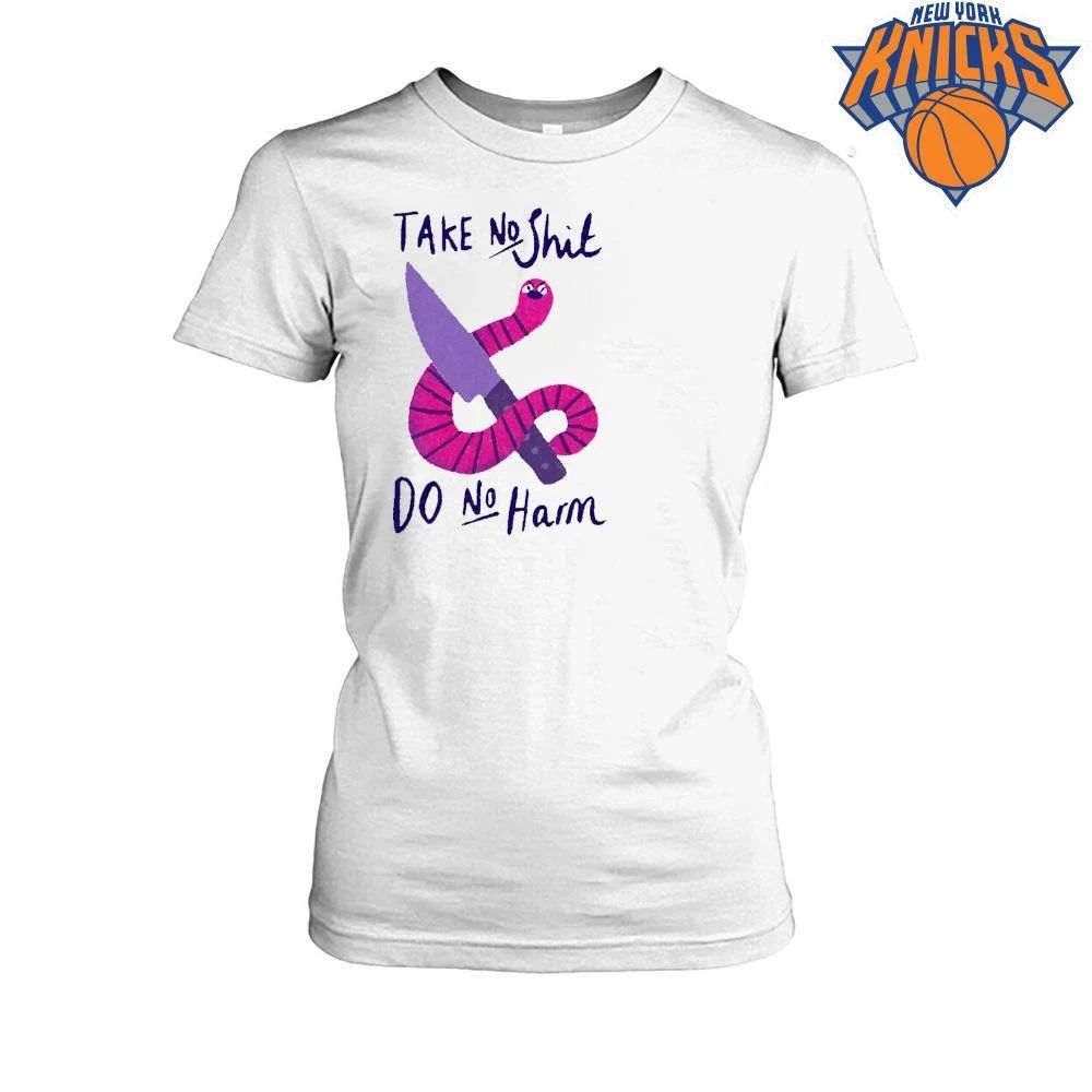 Take No Shit Do No Harm Cute Pink Worm Holding Knife Funny Aesthetic Mental Health Quote shirt