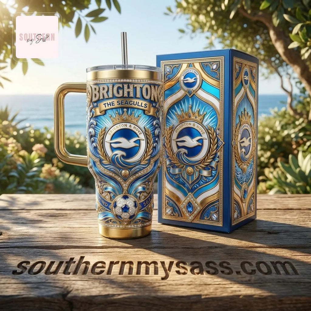 Brighton & Hove Albion FC 40oz Insulated Premium Gold & Blue Design Tumbler With Handle