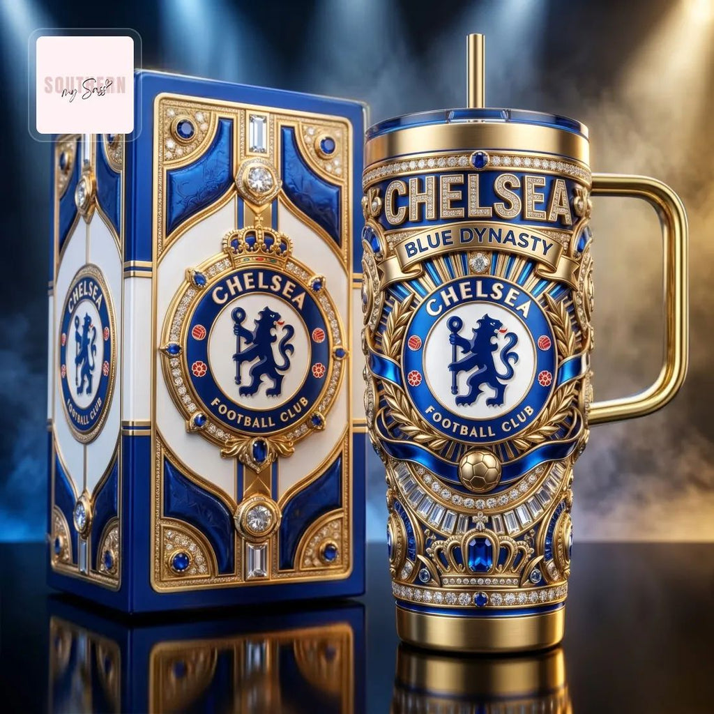 Chelsea Football Club Luxury Gold Diamond 40oz Insulated Tumbler With Handle