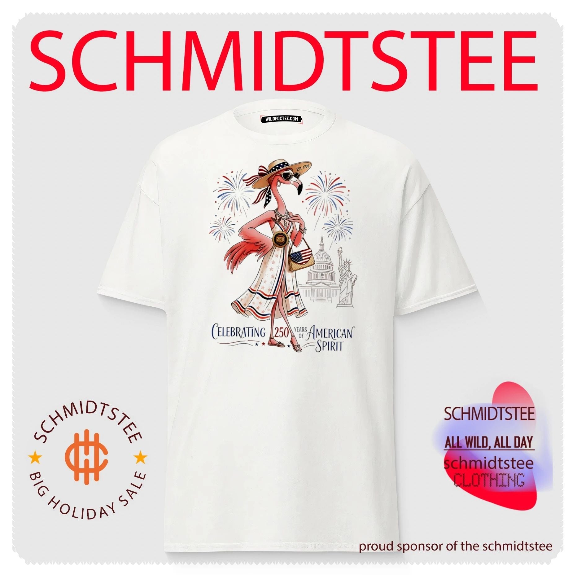Cartoon flamingo celebrating 250 years of American Spirit shirt