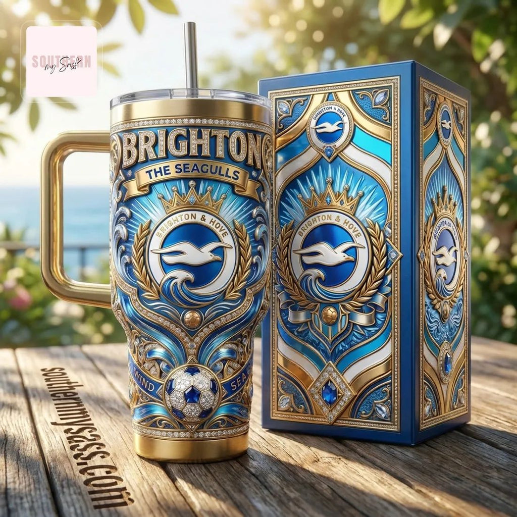 Brighton & Hove Albion FC 40oz Insulated Premium Gold & Blue Design Tumbler With Handle