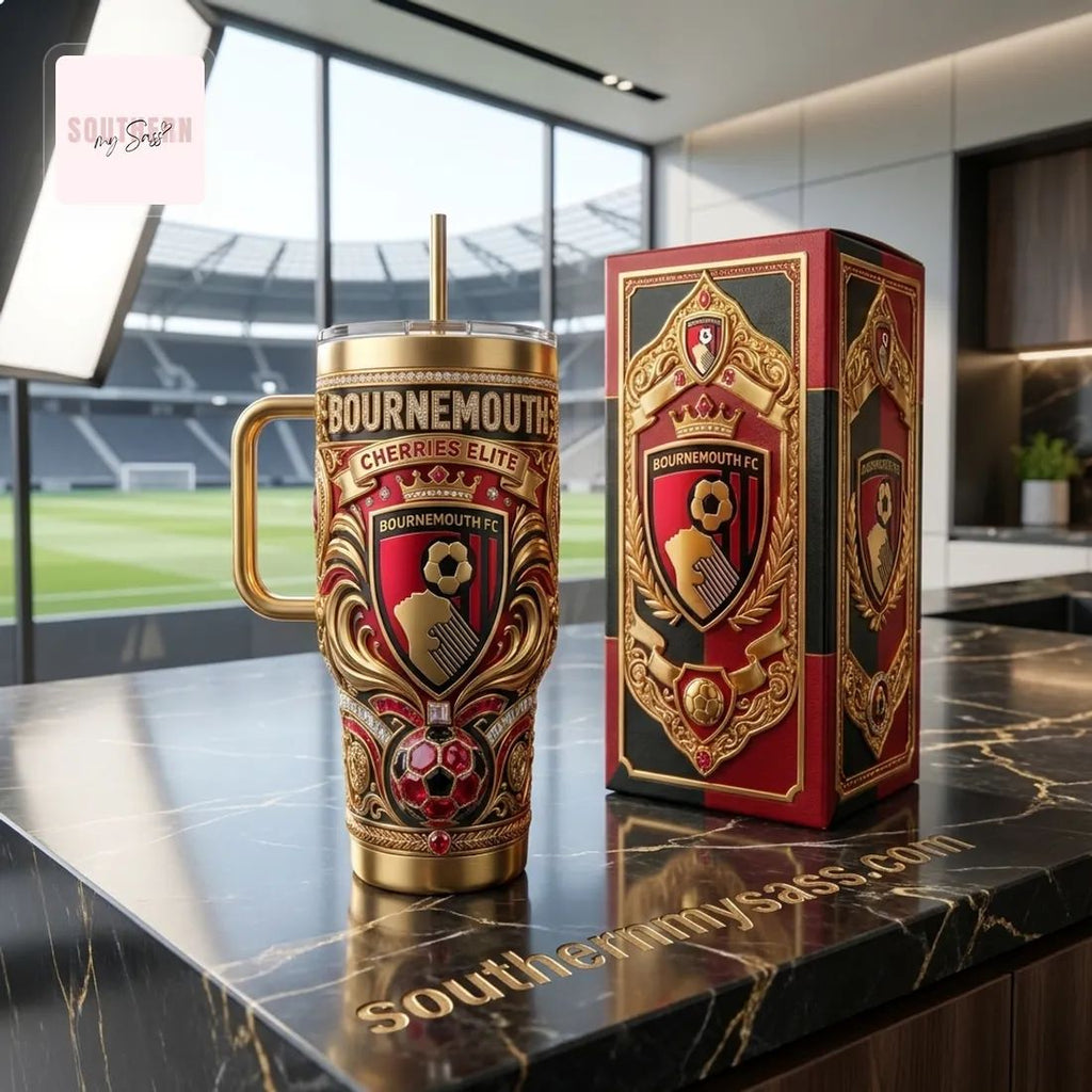 Bournemouth FC Cherries Elite Luxury Gold 40oz Insulated Tumbler With Handle