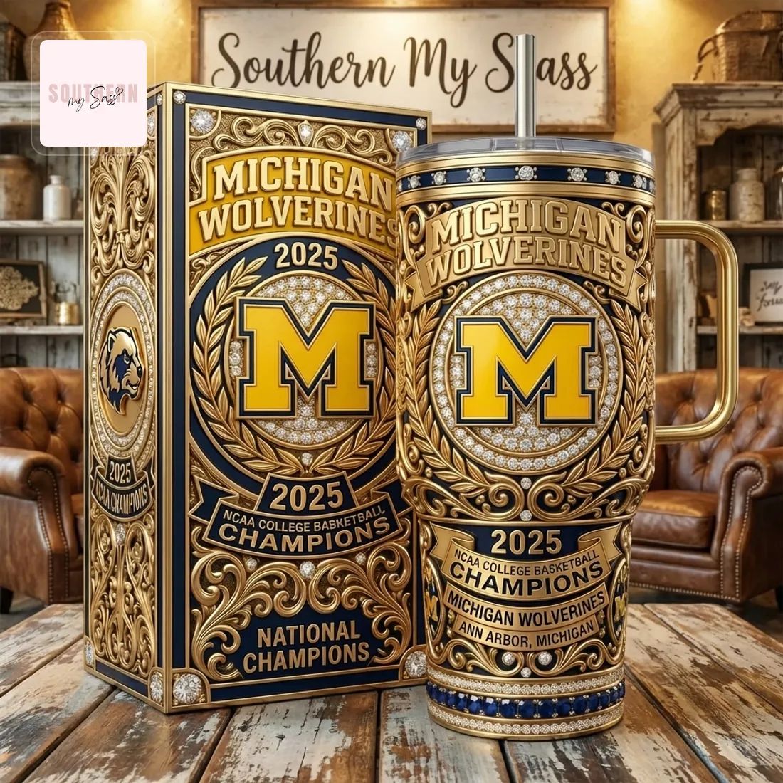 Michigan Wolverines 2025 NCAA College Basketball Champions Gold Tumbler