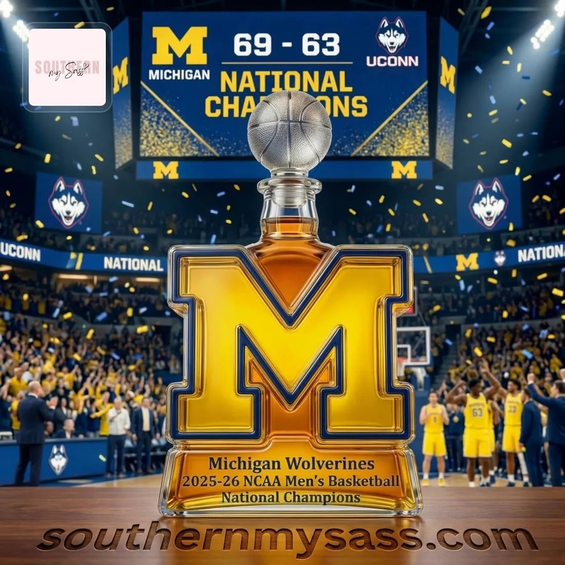 Michigan Wolverines 2025-26 NCAA Men’s Basketball National Champions Whiskey Bottle