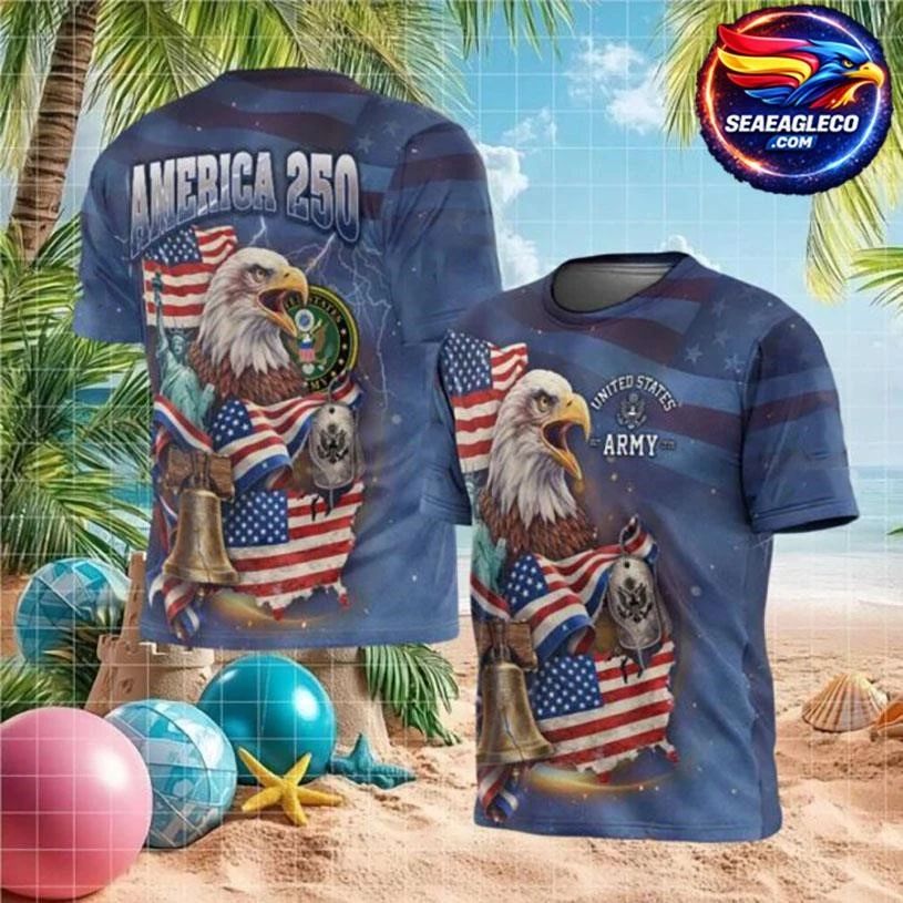 America 250 US Army Veteran Eagle & Liberty Bell Blue Camo Two Sided Shirt