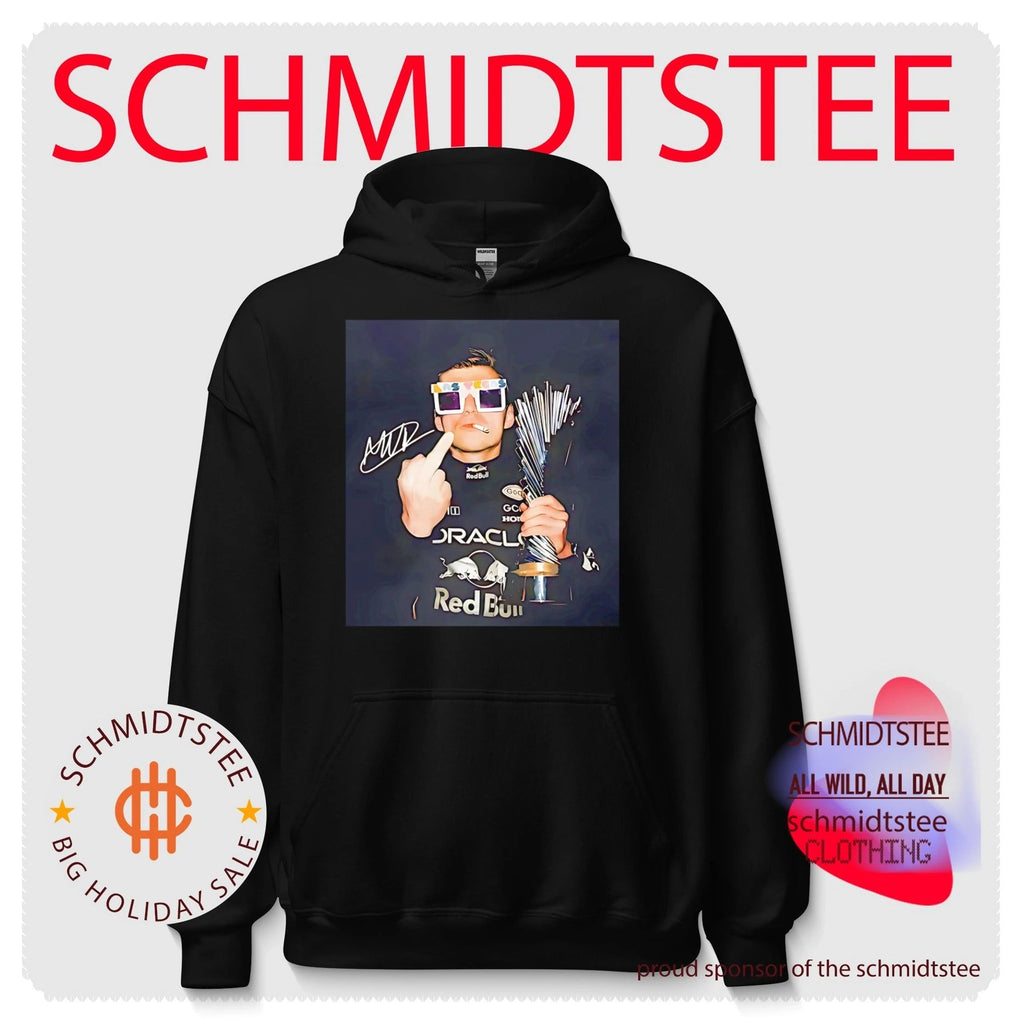 Max Verstappen wearing glasses middle finger shirt